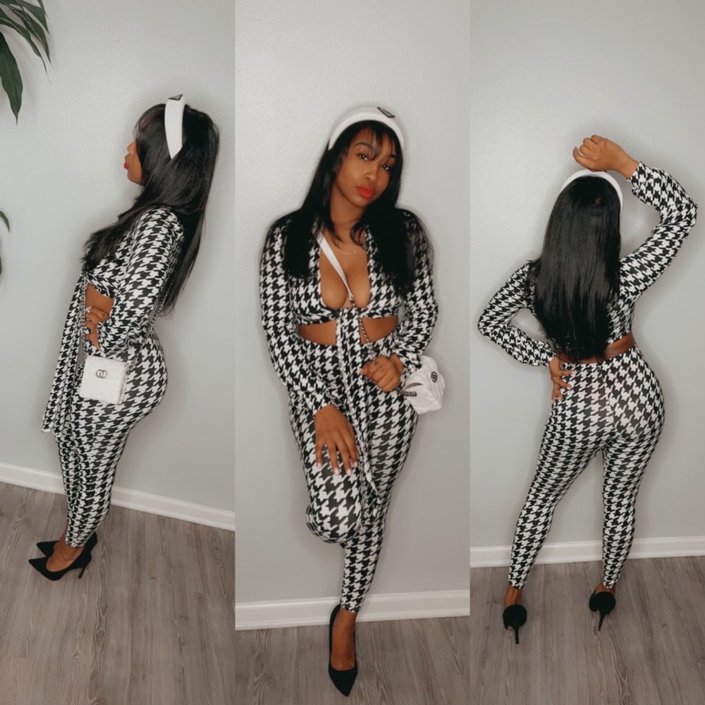You Houndin Me Set Tie Up Crop Top Houndstooth Print Two Piece Set